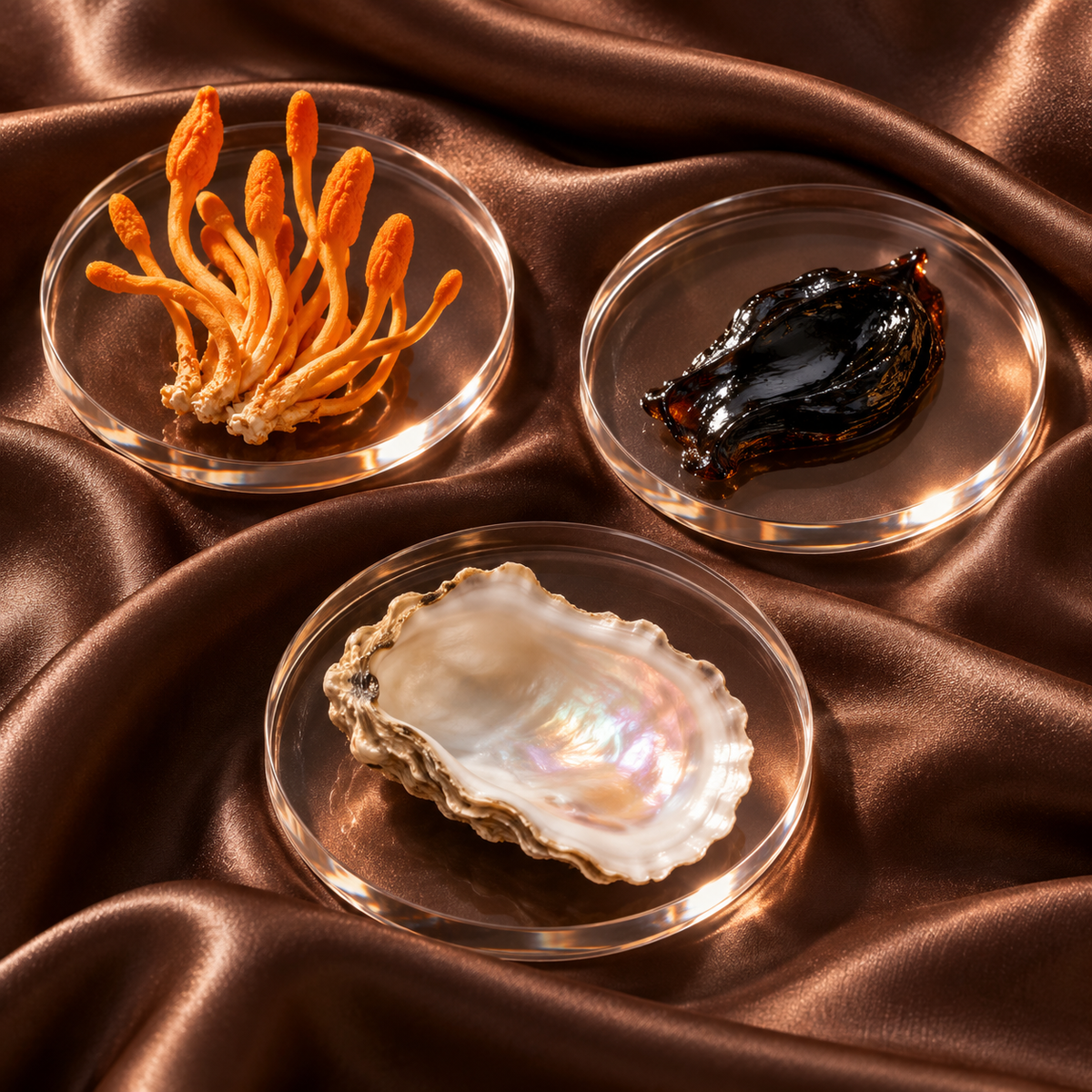 Ingredient source illustration: cordyceps, shilajit resin and an oyster shell on glass dishes.
