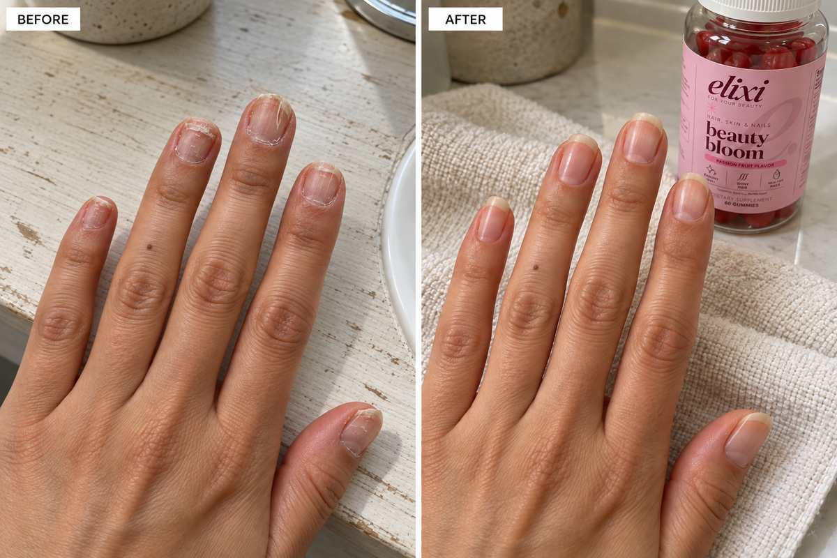Beauty Bloom customer photo showing nails before and after