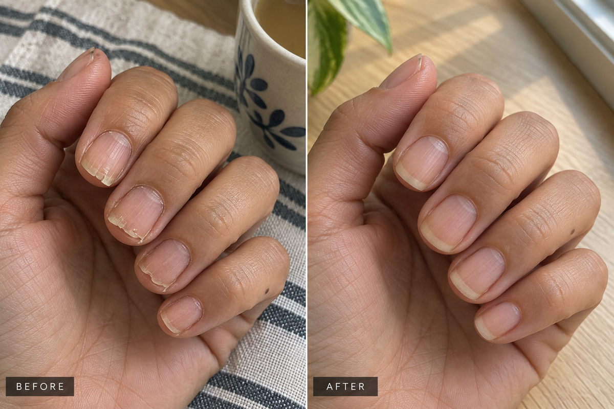 Beauty Bloom customer photo showing nails before and after