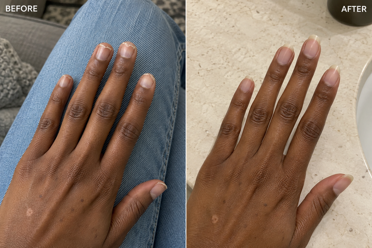 Beauty Bloom customer photo showing nails before and after
