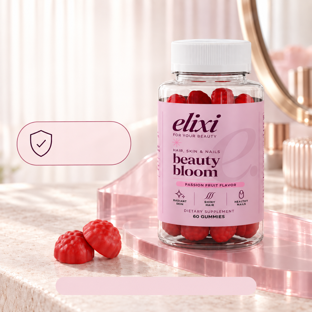 Beauty Bloom hair, skin and nail support overview with the gummy bottle and 30-day money-back guarantee.