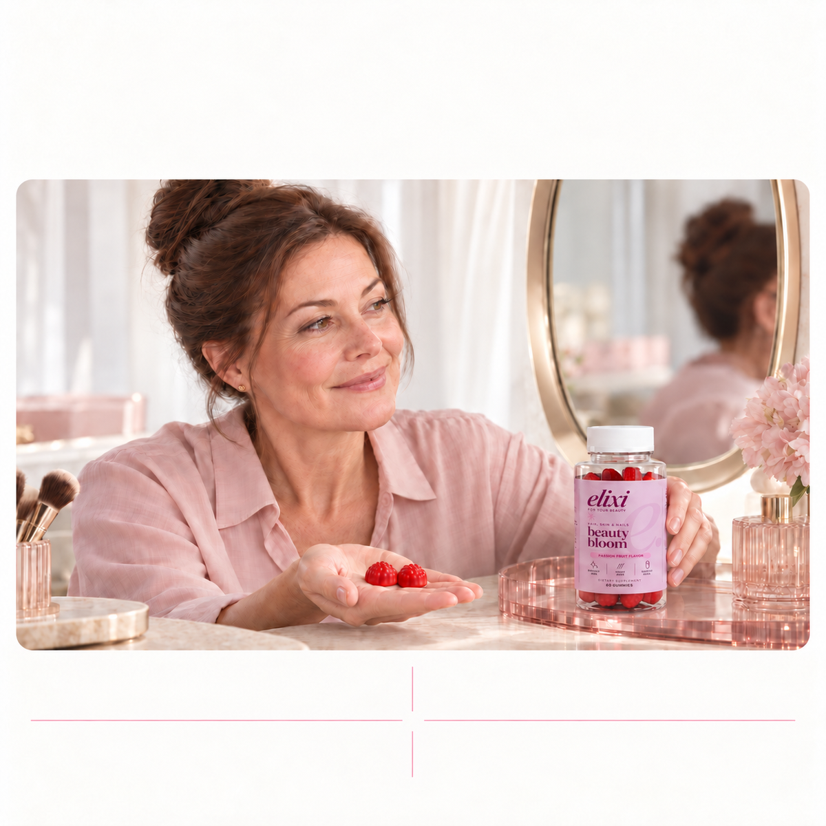 A woman with Beauty Bloom gummies, highlighting biotin and vitamins, passion fruit flavor and the two-gummy daily serving.
