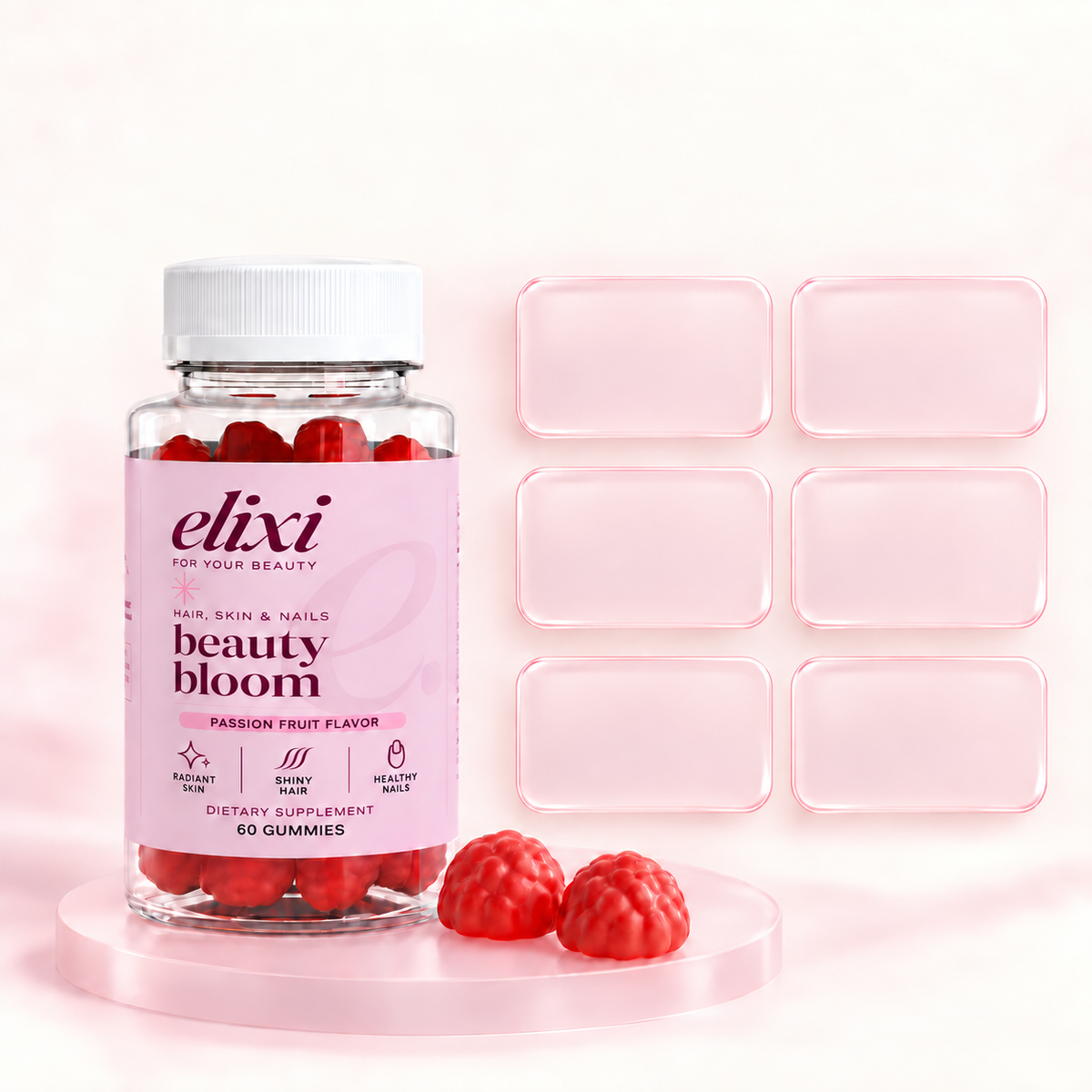 Beauty Bloom nutrient highlights per two gummies: 6000 micrograms of biotin, 30 milligrams of vitamin C, 2.7 milligrams of zinc and 18 milligrams of vitamin E.