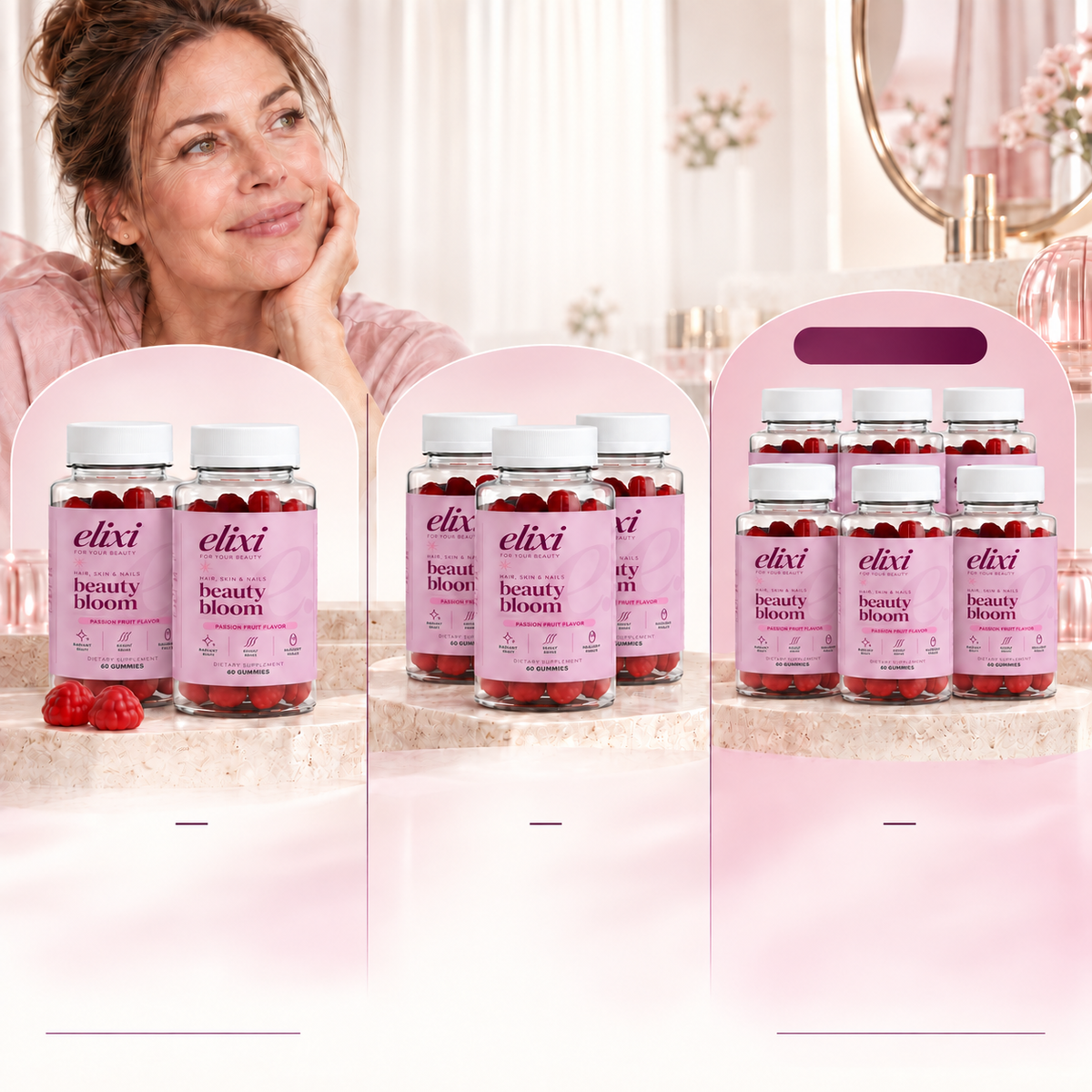 Beauty Bloom packs of two bottles for 108 dollars, three for 129 dollars and six for 184 dollars, with shipping details.