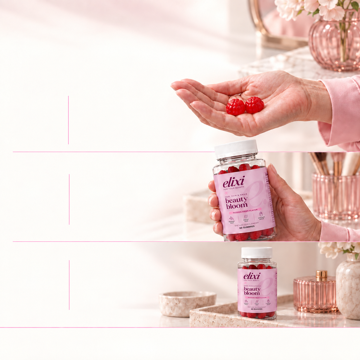 Beauty Bloom directions: take two gummies daily, follow the label and store in a cool, dry place.