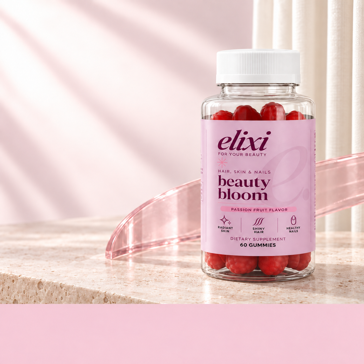 Beauty Bloom label highlights include biotin, vitamin C, 60 gummies and the fish, tilapia, tree-nut and coconut allergens.