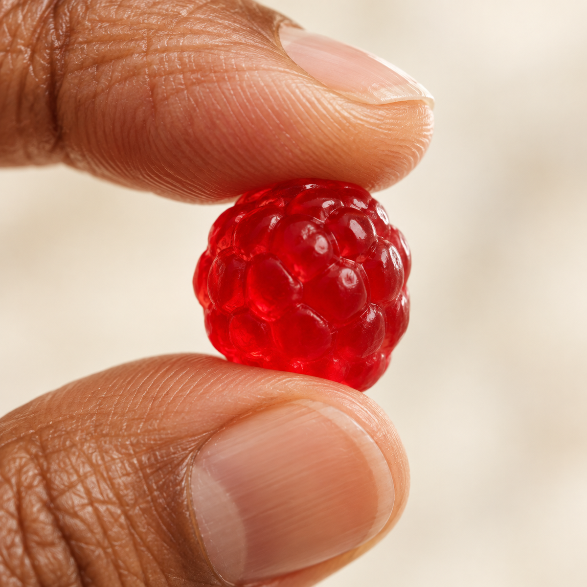 Close-up of a red Beauty Bloom gummy between mature fingertips.