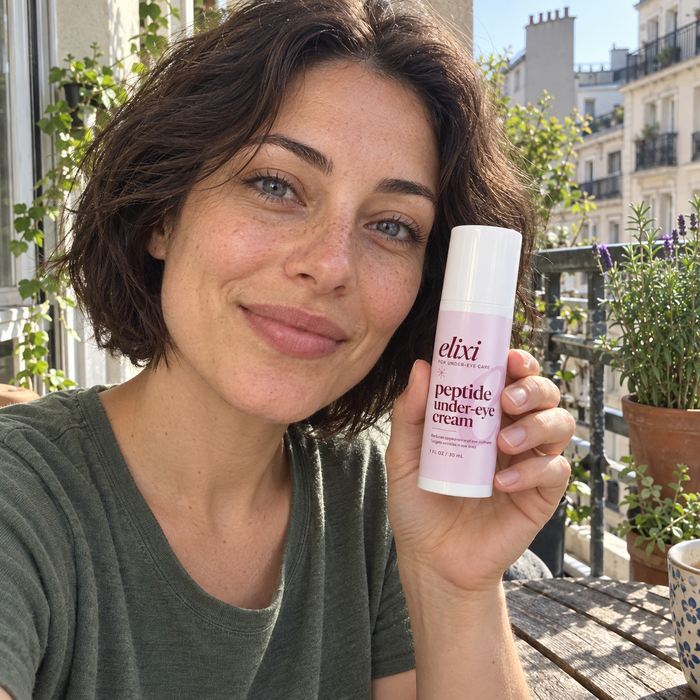 Woman holding Elixi Peptide Under-Eye Cream on a balcony