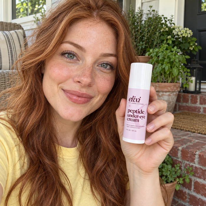 Woman in a yellow shirt holding Elixi Peptide Under-Eye Cream on a porch