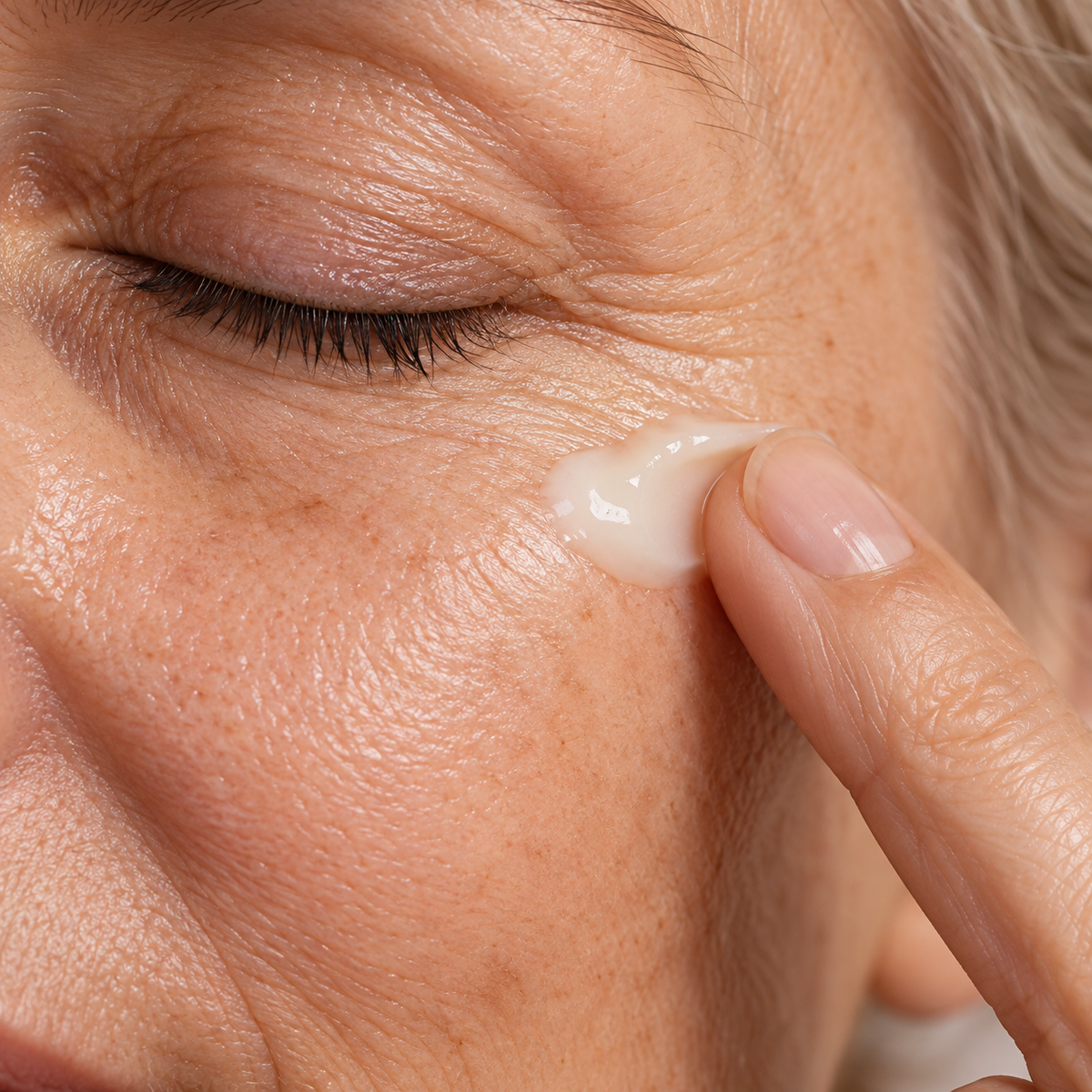 Close-up of a small amount of cream being applied beneath the eye.
