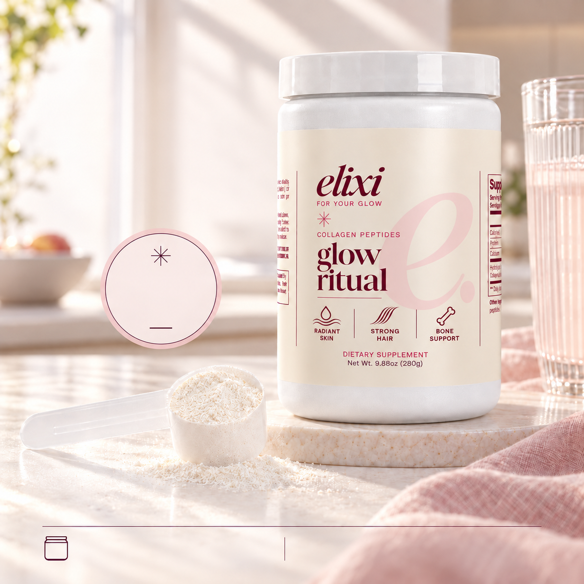 Glow Ritual unflavored collagen peptides: 280 g per tub, 14 servings, 20 g collagen peptides per serving and a 30-day money-back guarantee.