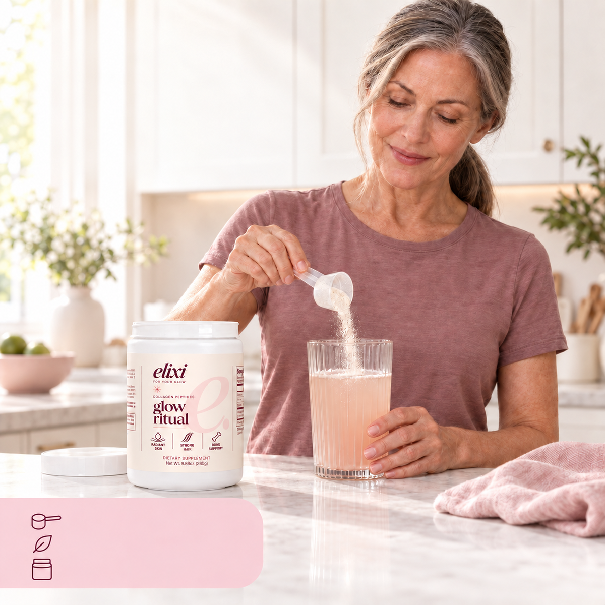 A woman preparing her Glow Ritual beverage, with unflavored collagen powder, one scoop per serving, 14 servings per tub and the starred supplier skin, hair, muscle and bone health support statement.