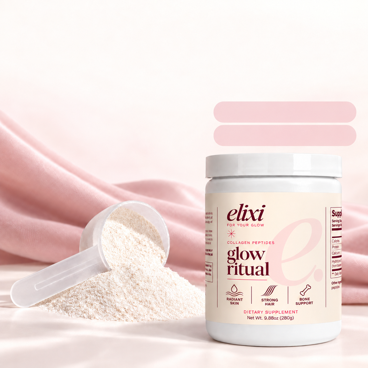 One-ingredient Glow Ritual formula: bovine hide collagen peptides, 20 g collagen peptides and 18 g protein per serving, unflavored.