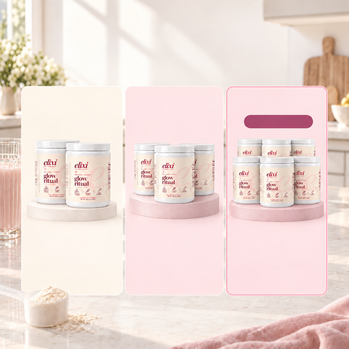 Glow Ritual packs: two tubs for 108 dollars plus 12.99 U.S. shipping, three tubs for 139 dollars with free U.S. shipping, or six tubs for 224 dollars with free U.S. shipping.