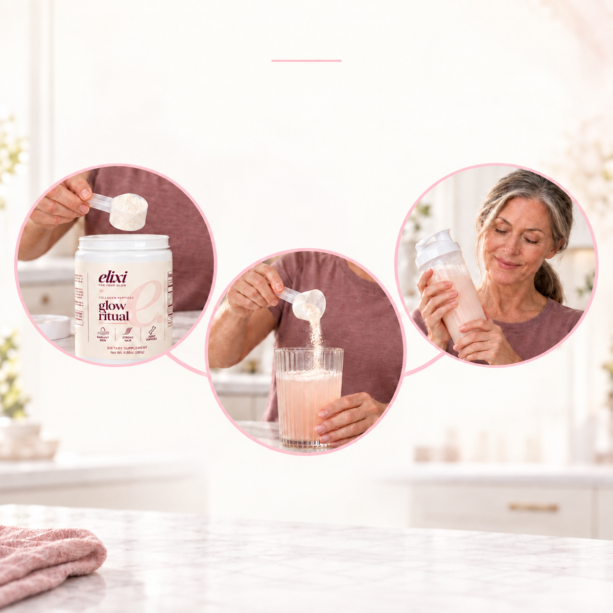 Glow Ritual preparation: measure one scoop, 20 g; add 8–10 oz, 237–296 mL, of your preferred beverage; shake or blend. Read the full label and cautions before use.