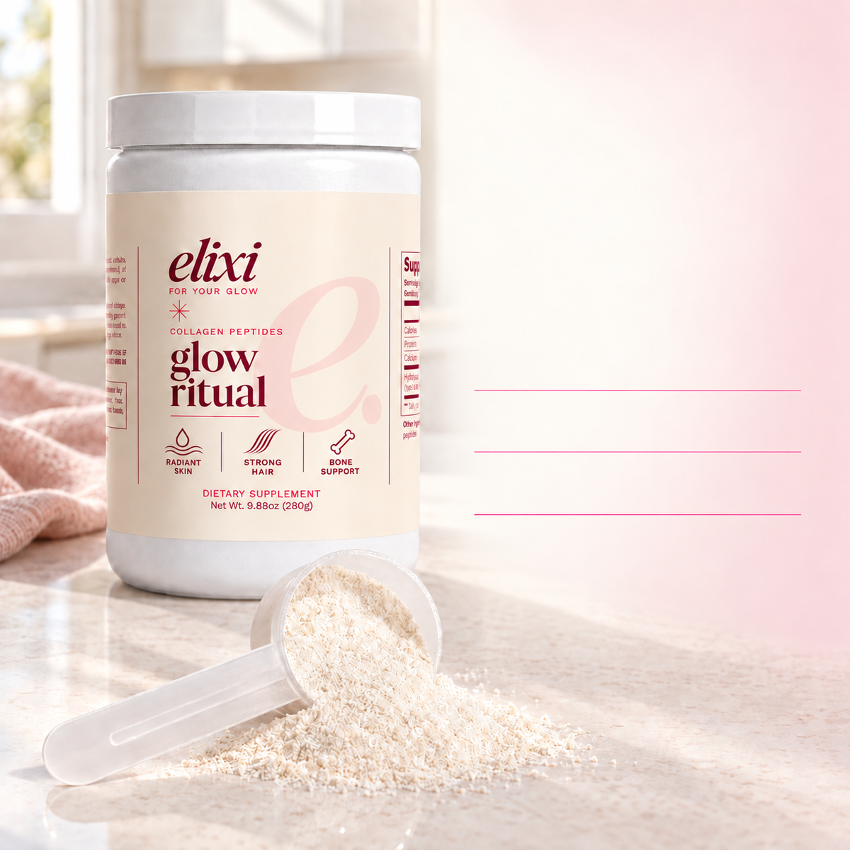 Glow Ritual label highlights: 20 g collagen peptides and 18 g protein per scoop, 280 g and 14 servings per tub, and bovine-derived collagen.