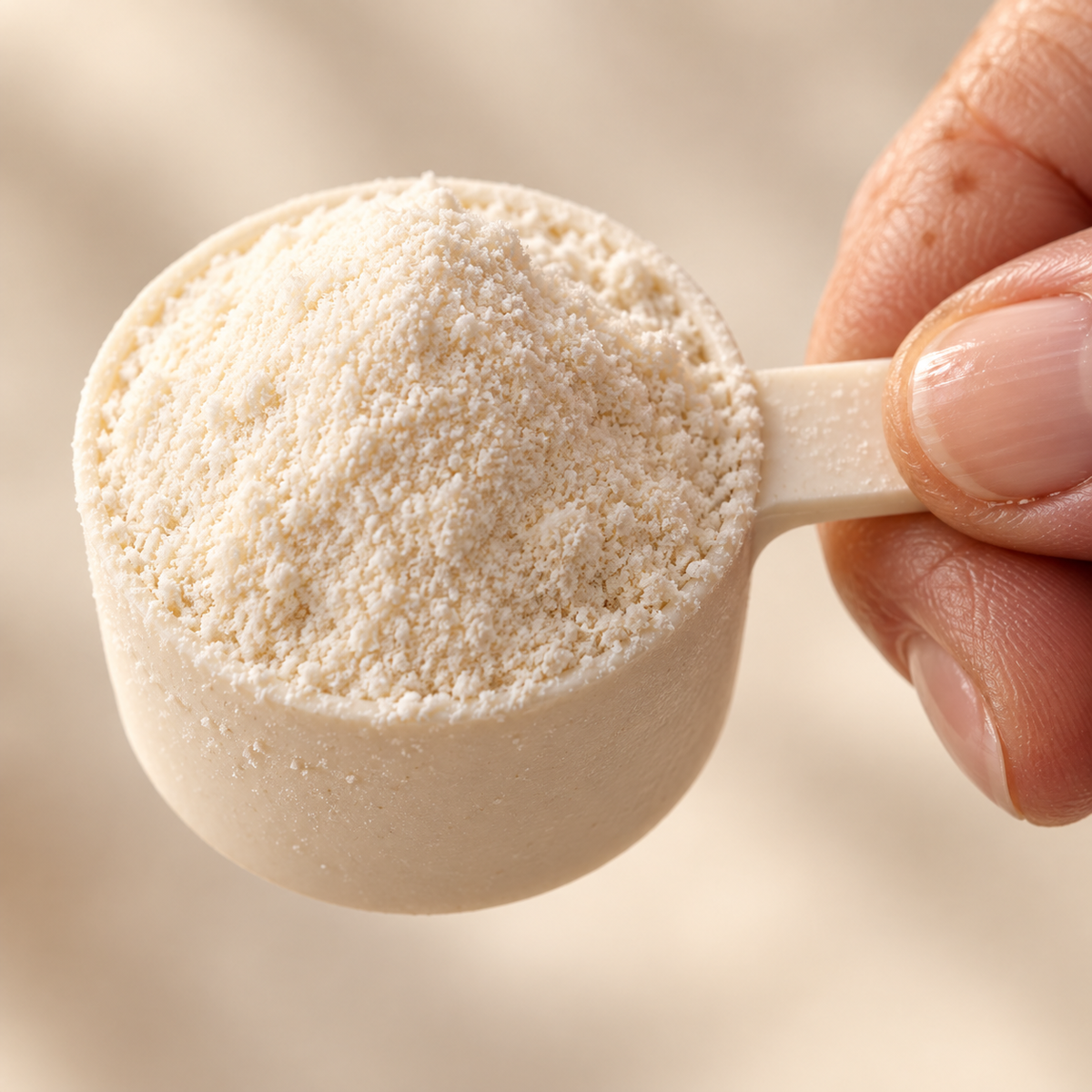 A scoop of fine collagen powder held in mature fingertips.