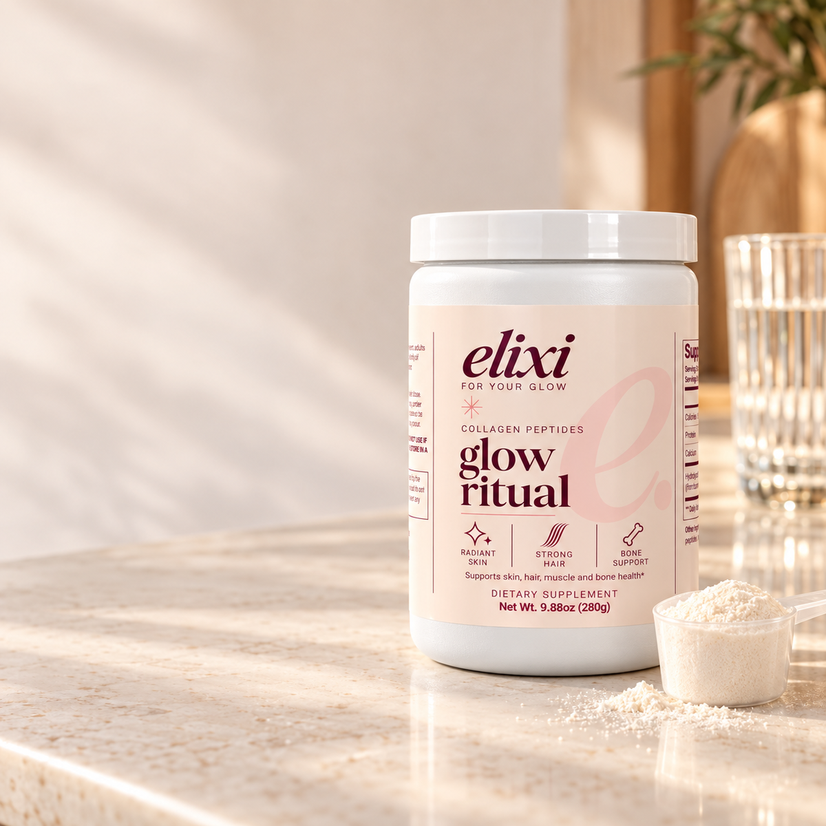 Glow Ritual collagen tub with its pink Elixi label.