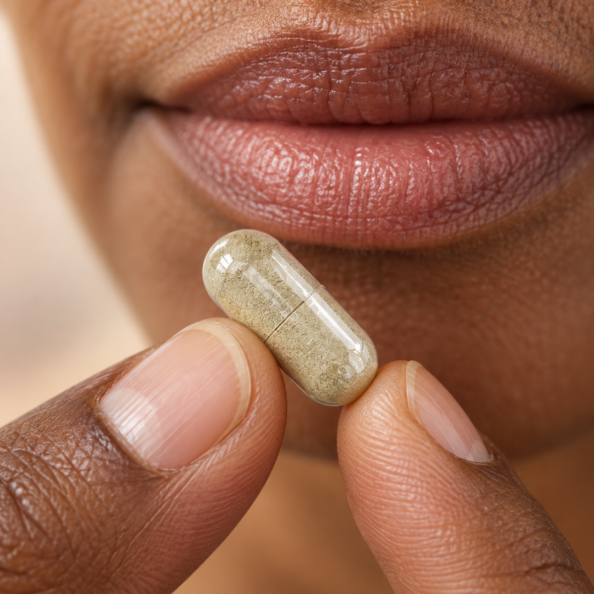Close-up of an Inner Spark capsule held below mature lips.