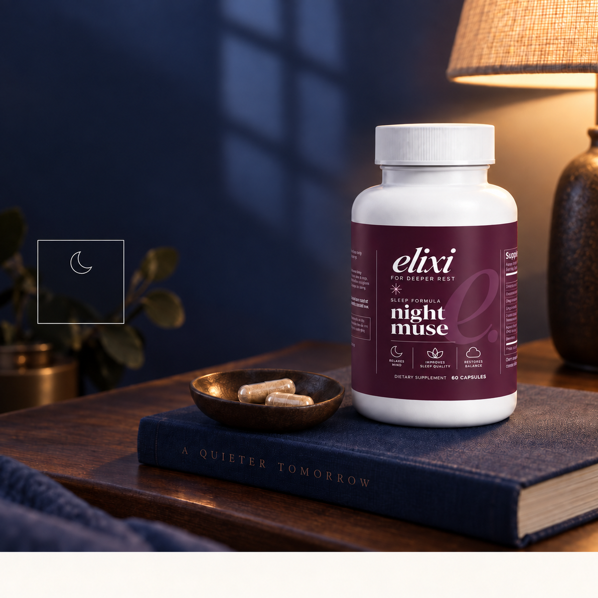 Night Muse sleep-support information, a bottle and two capsules beside a softly lit bed.