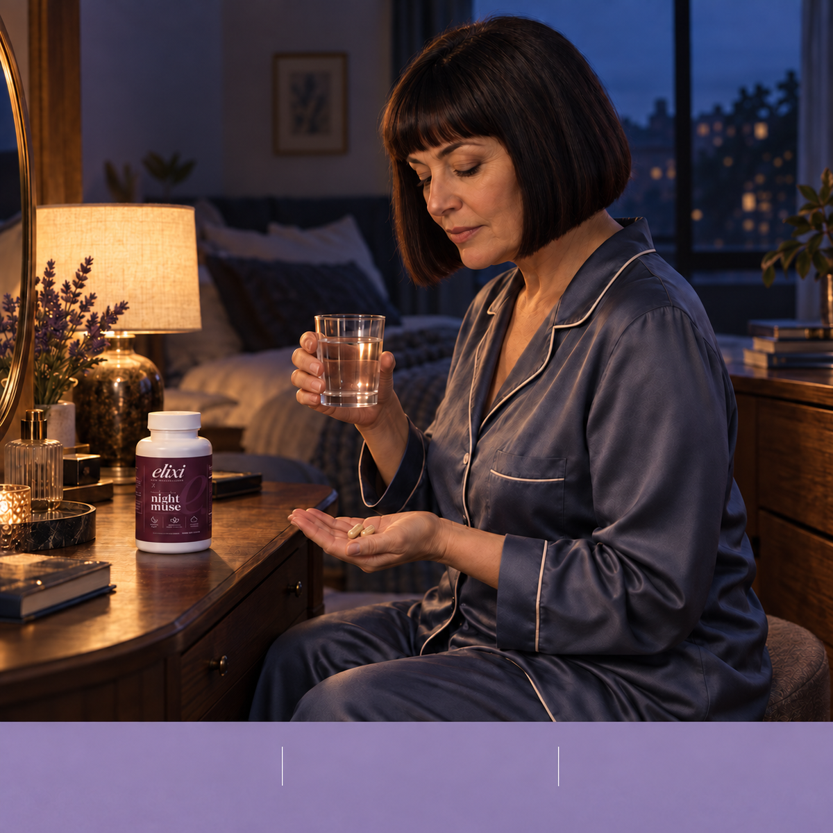 A woman with Night Muse in an evening setting, alongside melatonin, botanical and serving information.
