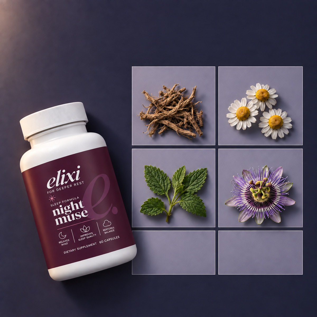 Night Muse with valerian, chamomile, lemon balm and passion flower ingredient amounts per two capsules.