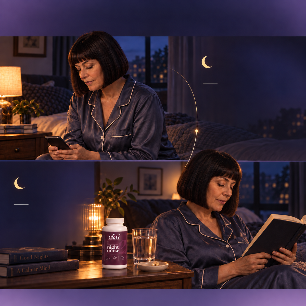 How melatonin relates to sleep timing, with a close-up of Night Muse capsules.