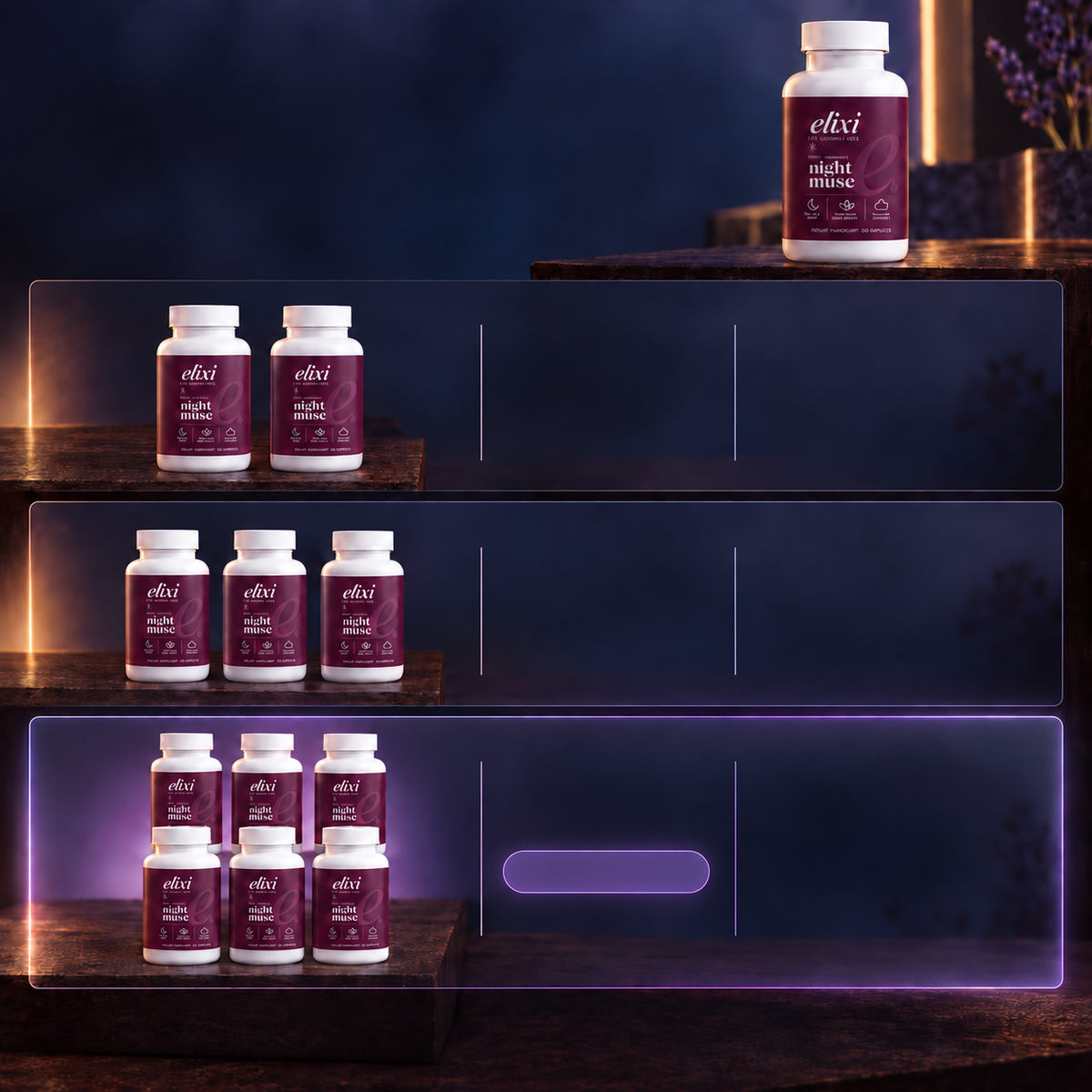 Night Muse two, three and six bottle packs with prices, per-bottle value and U.S. shipping details.