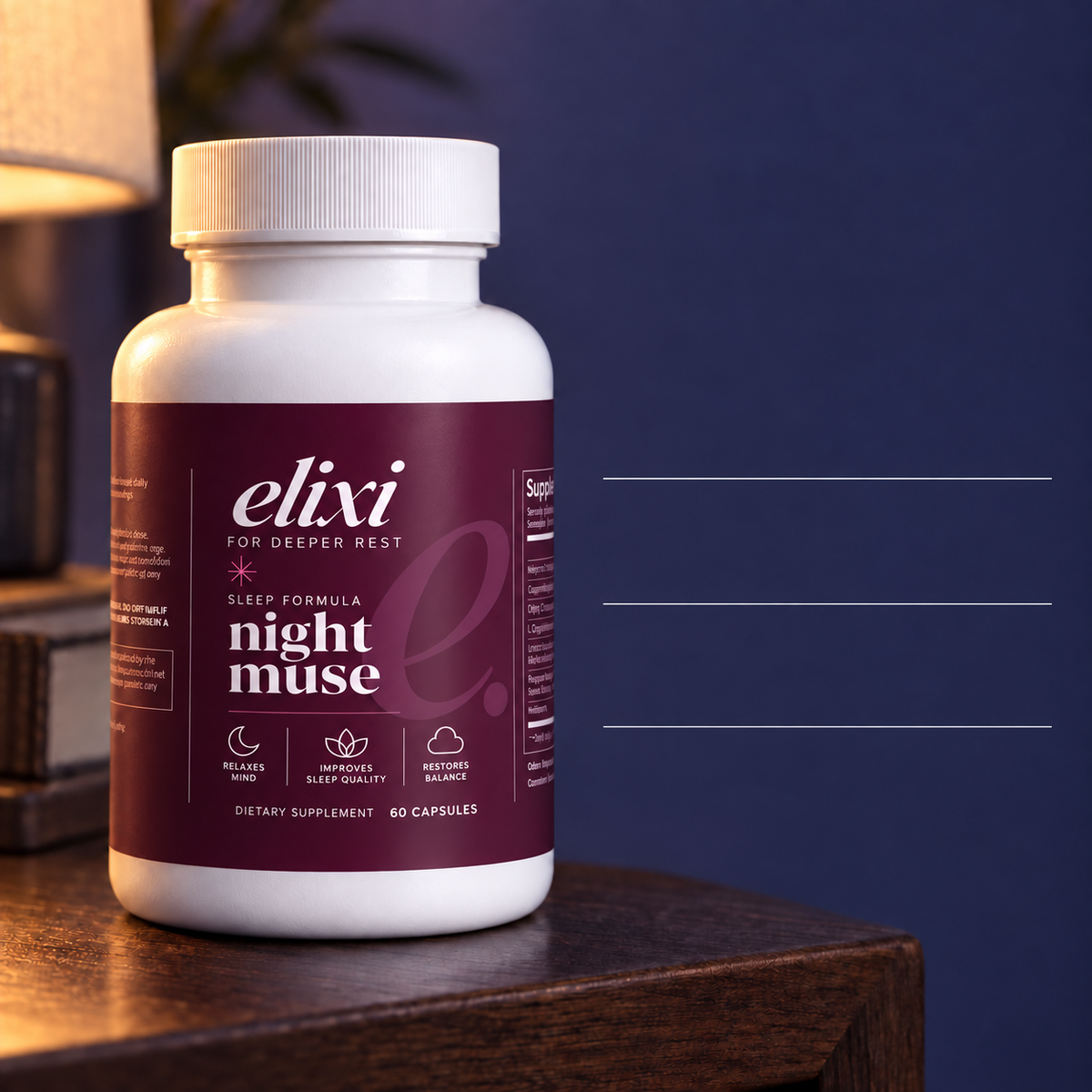 Night Muse formula details: melatonin, GABA, L-tryptophan and four botanical extracts, with amounts per two capsules.