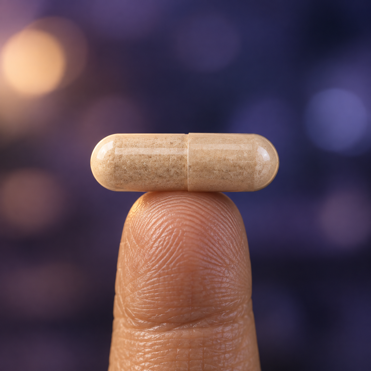 Macro view of a Night Muse capsule balanced on one mature fingertip against a dusky evening background.