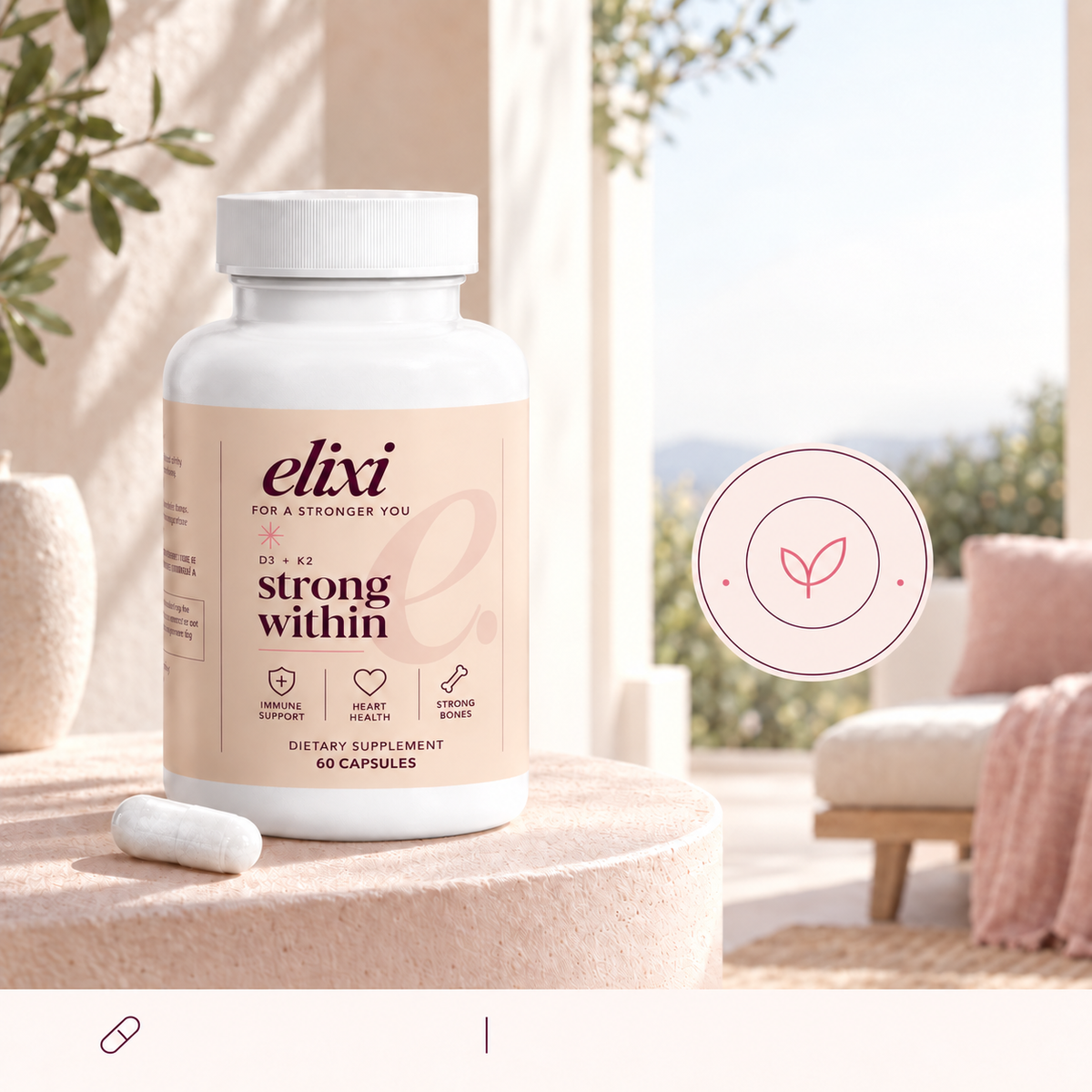 Strong Within D3 and K2 with calcium and BioPerine: 60 capsules, 60 servings, one veggie capsule per serving, and a 30-day money-back guarantee.