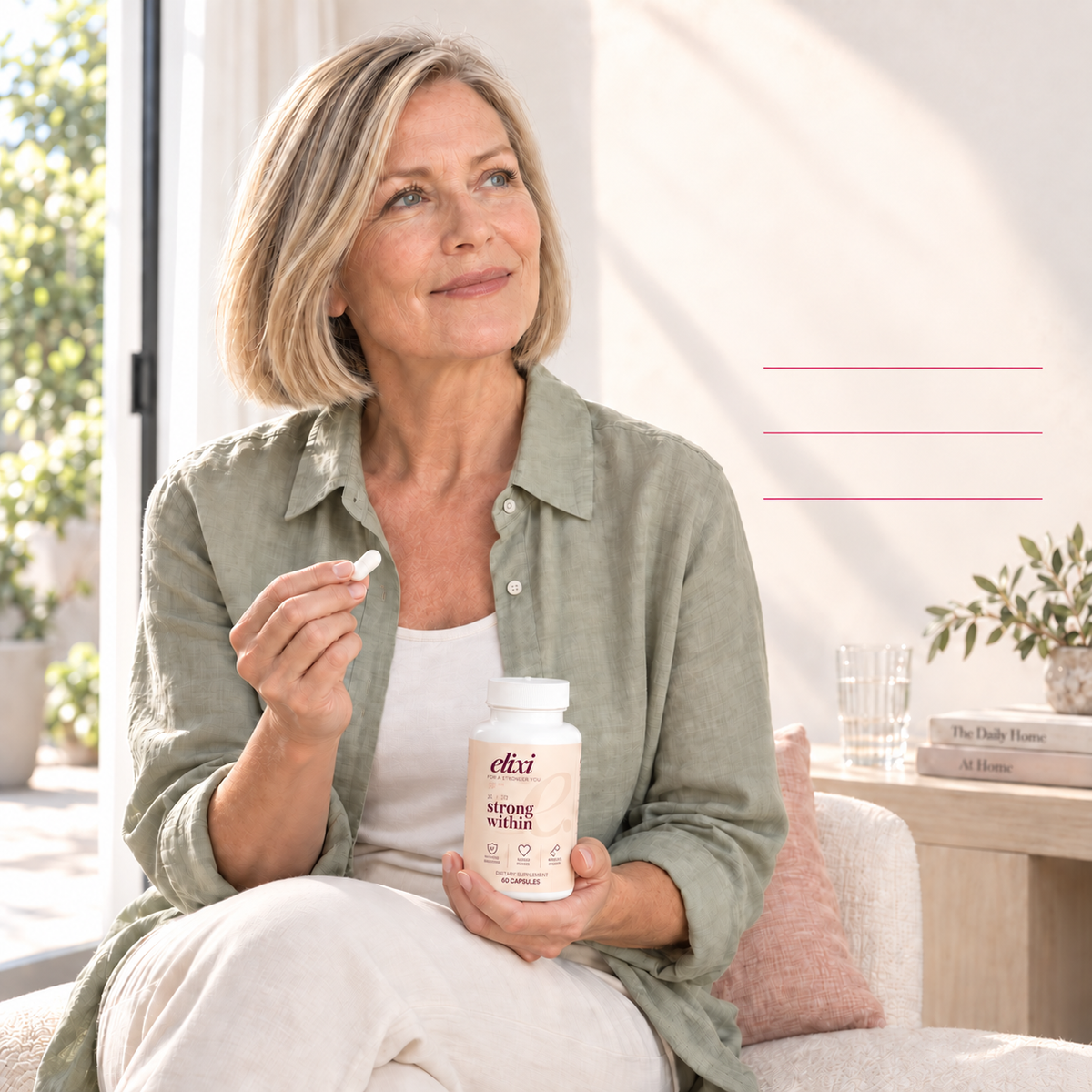 A woman with water and Strong Within, with D3 and K2, calcium and BioPerine, 60 capsules per bottle, and the starred supplier bone and cardiovascular health support statement.