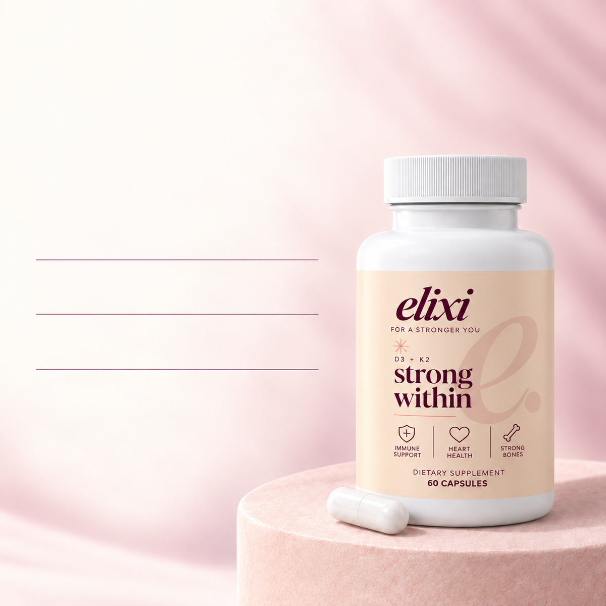 Strong Within amounts per one veggie capsule: vitamin D3 125 mcg or 5,000 IU, vitamin K2 MK-7 100 mcg, calcium 210 mg, and BioPerine 5 mg. See full Supplement Facts and other ingredients.