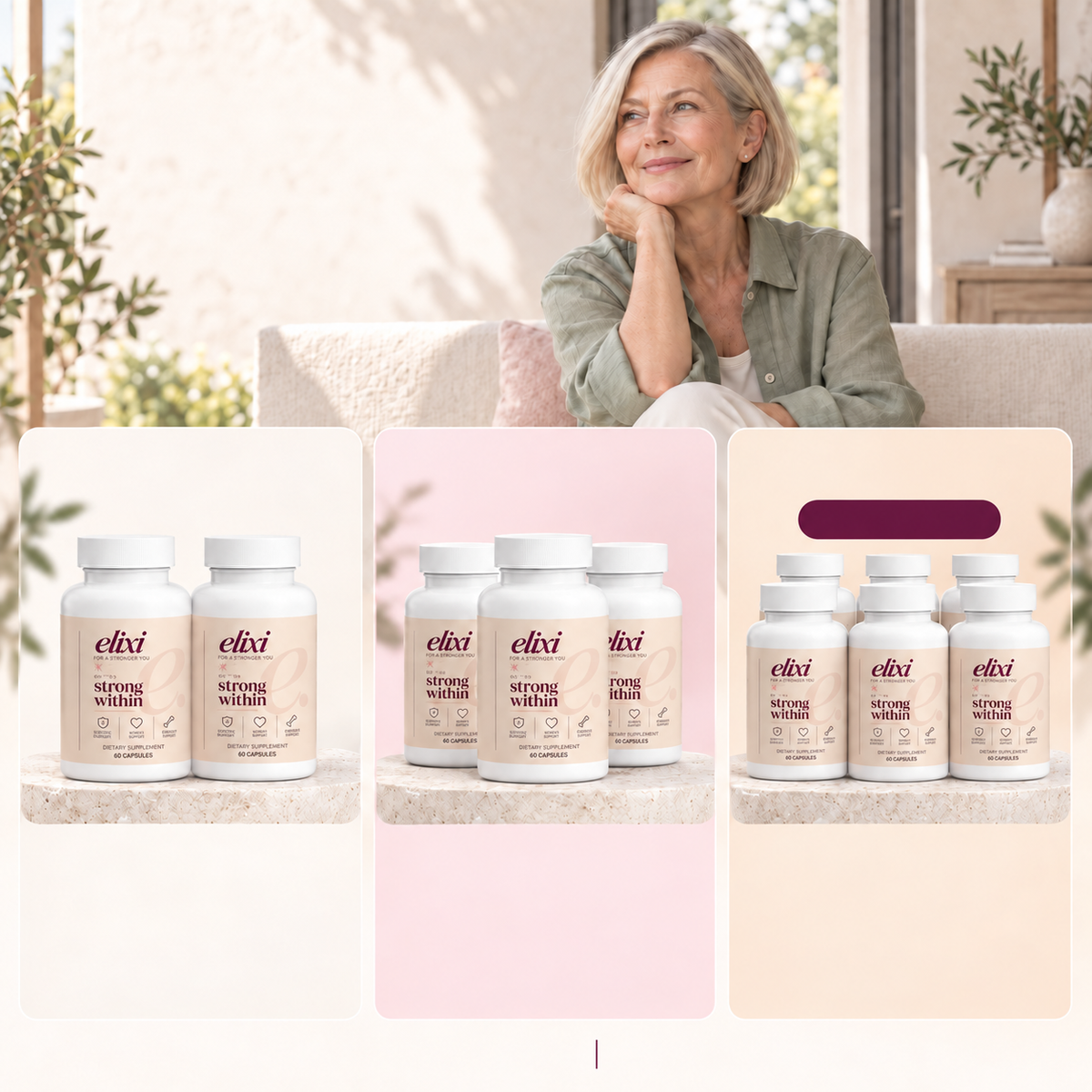 Strong Within packs: two bottles for 98 dollars plus 12.99 U.S. shipping, three for 119 dollars with free U.S. shipping, or six for 164 dollars with free U.S. shipping. One-time purchase with no automatic refills.