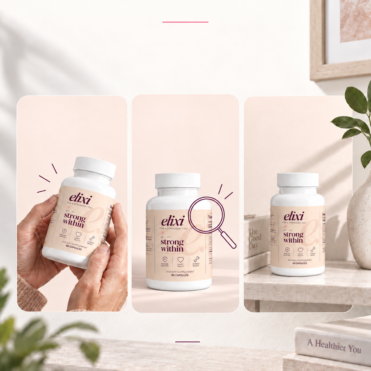 Before beginning Strong Within, read the label, check with your clinician, and store with care. Serving size is one veggie capsule. Review directions and cautions with your clinician.