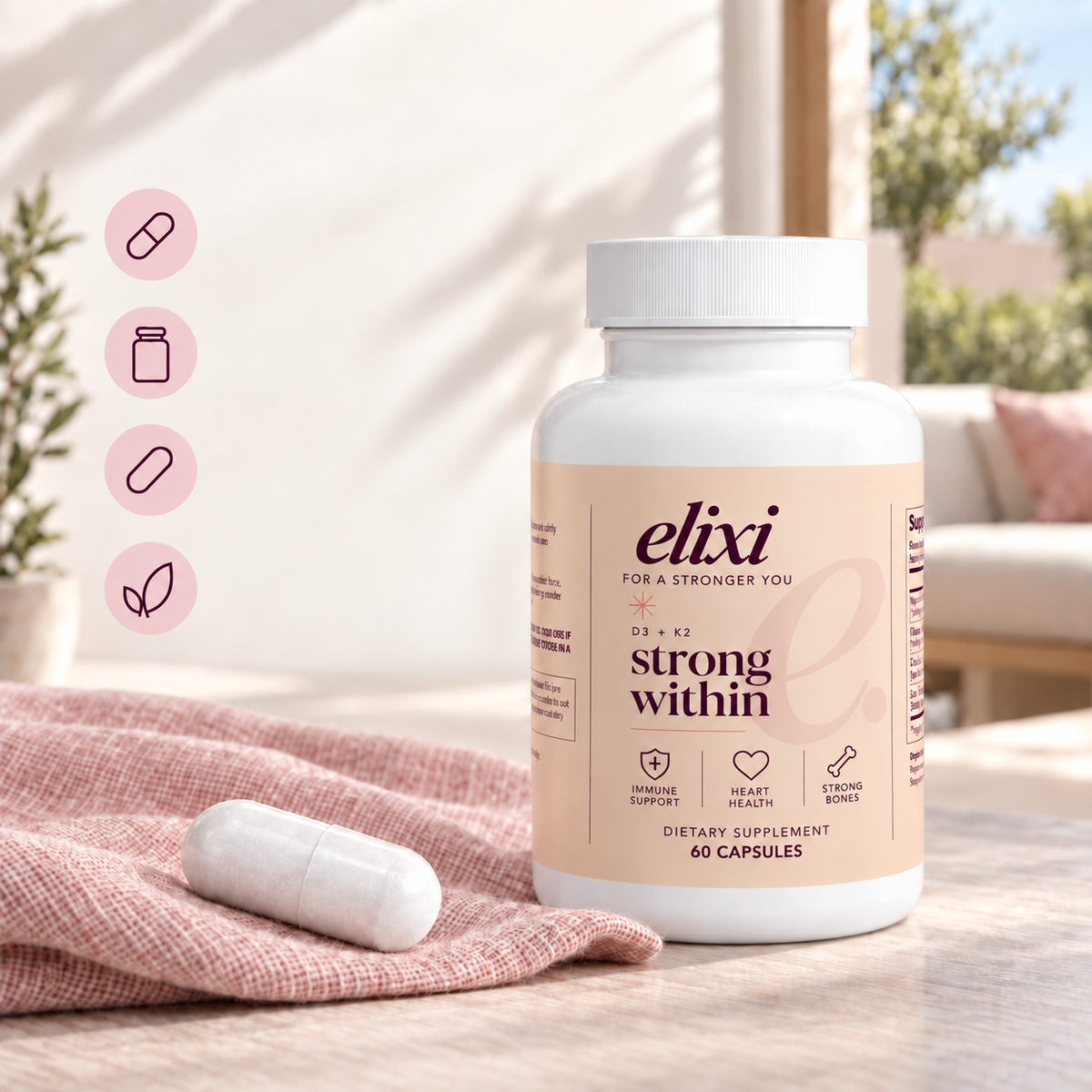 Strong Within formula transparency: 60 capsules and 60 servings, one veggie capsule per serving, vitamin D3 125 mcg or 5,000 IU, and four active ingredients. Read the full label, including other ingredients.