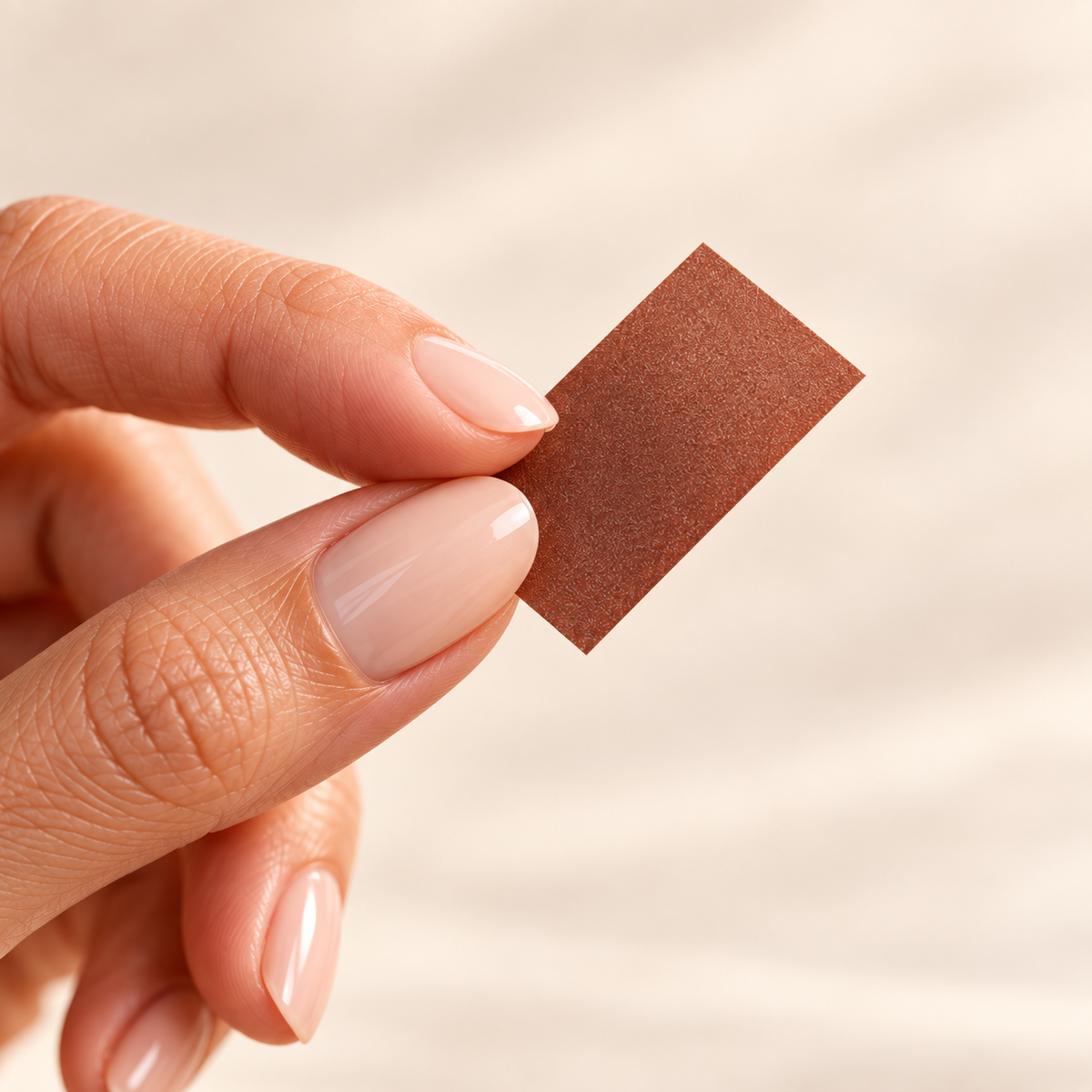 A feminine hand holding an oral strip beside the Sweet Desire tin.