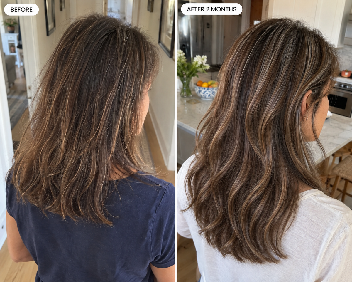 Glow Ritual hair photo comparison, before and after two months