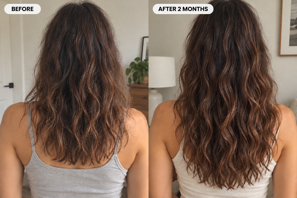 Glow Ritual hair photo comparison, before and after two months